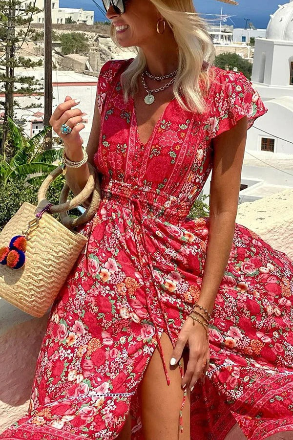 MW | Sommer in Griechenland Boho Print Rüschenärmel Elastische Taille Hoch-Tief Midi Kleid