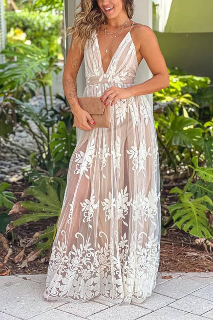 MW | Weiß und Beige Cross Back Floral Tulle Maxi Kleid