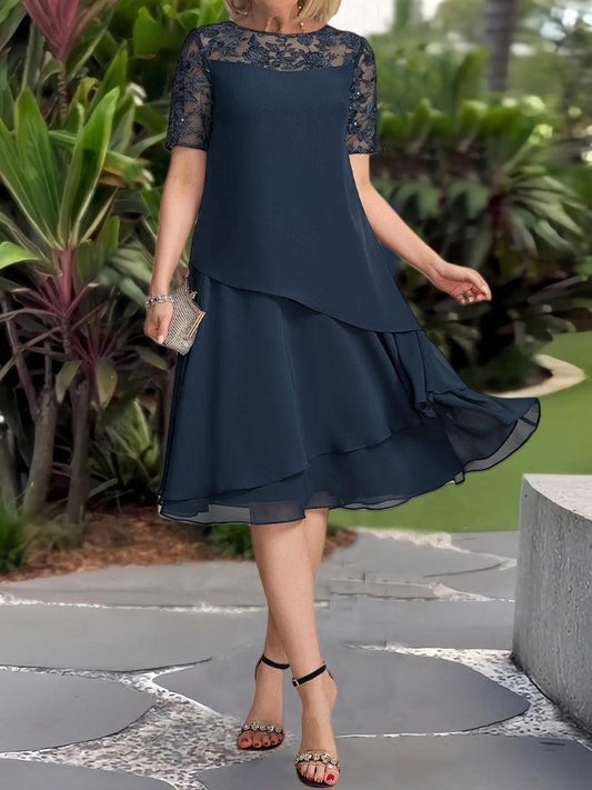 MW | Marineblaues einfarbiges Midikleid mit kurzen Ärmeln
