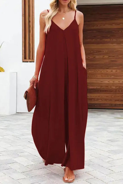 MW | Solide Farbe Seite Tasche lässig weites Bein Suspender Jumpsuit