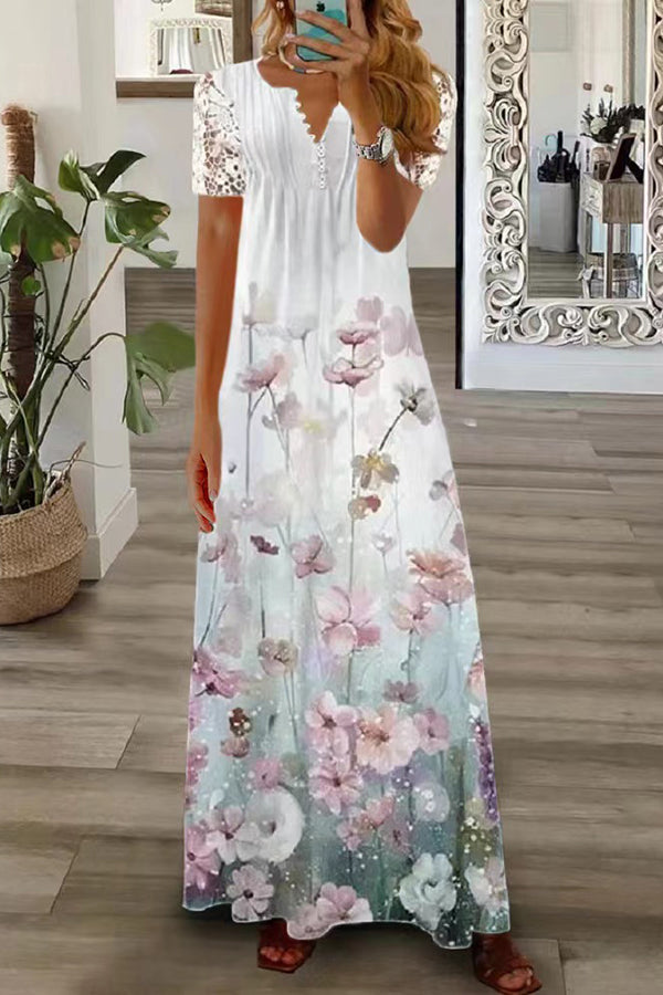 MW | Boho Floral V Hals Knopf Spitze Ärmel Urlaub Strand Maxi Kleid