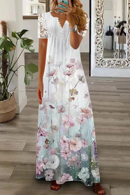 MW | Boho Floral V Hals Knopf Spitze Ärmel Urlaub Strand Maxi Kleid