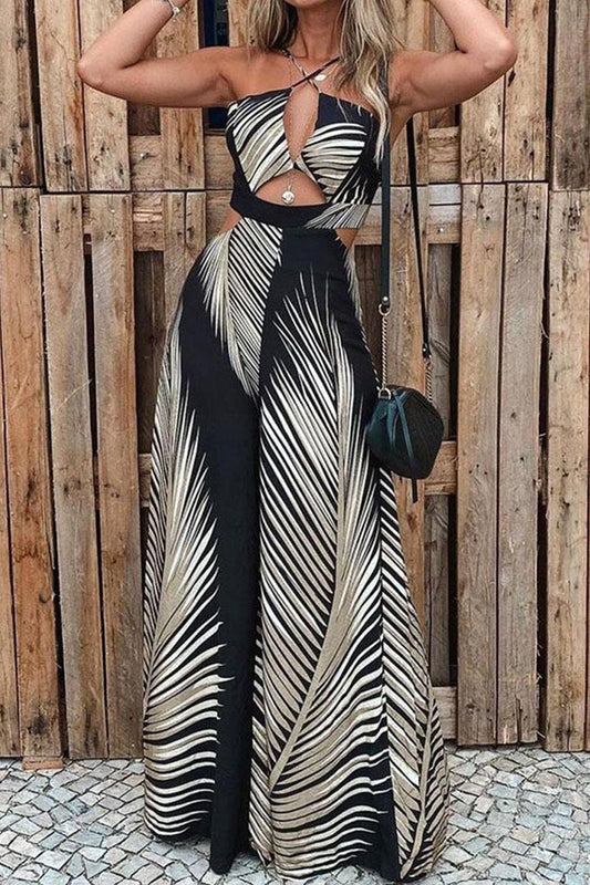 MW | Tropische Palmenblätter Print Ausschnitt weites Bein Jumpsuit