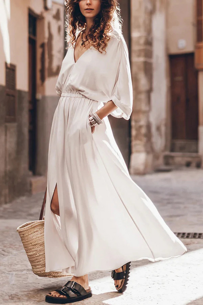 MW | Weiches und elegantes Kimono-Ärmel Stretchy Taille Pocketed Slit Maxi Kleid