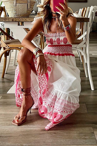MW | Malibu Villa Ethnisch bedrucktes Maxikleid mit gesmokter Schulterpartie