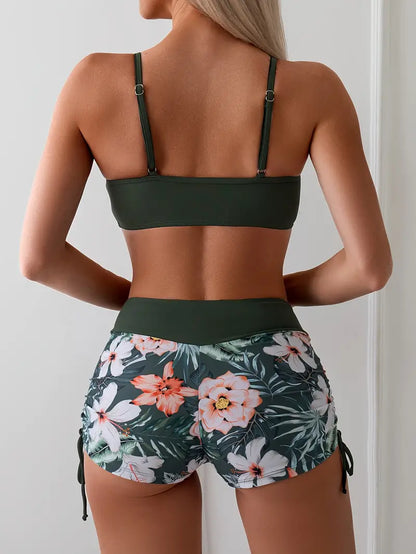 MW | Bikini mit tropischem Blumendruck und Kordelzug