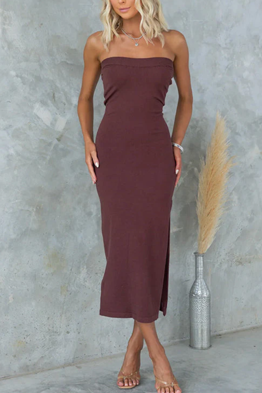 MW | Trägerloses Midikleid mit Rippstrick und Schlitz