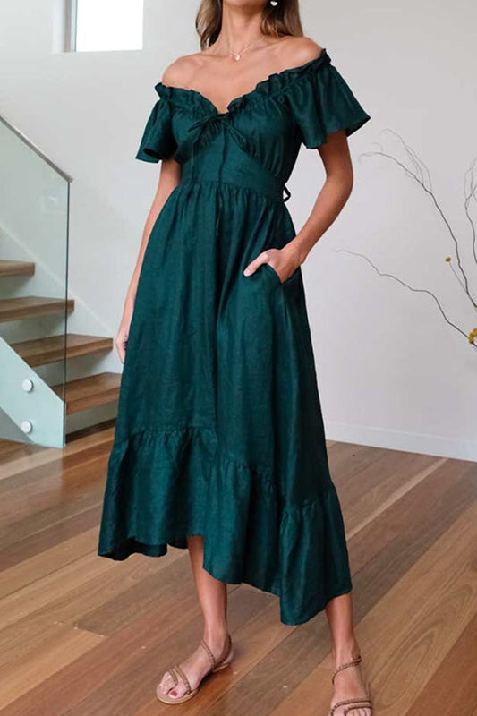 MW | GERÜSCHTER SAUM SCHULTERFREIES MIDIKLEID
