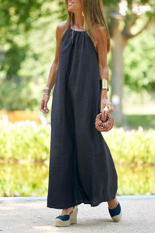 MW | Vintage Urlaub solide Farbe Halter Hals Maxi Kleid