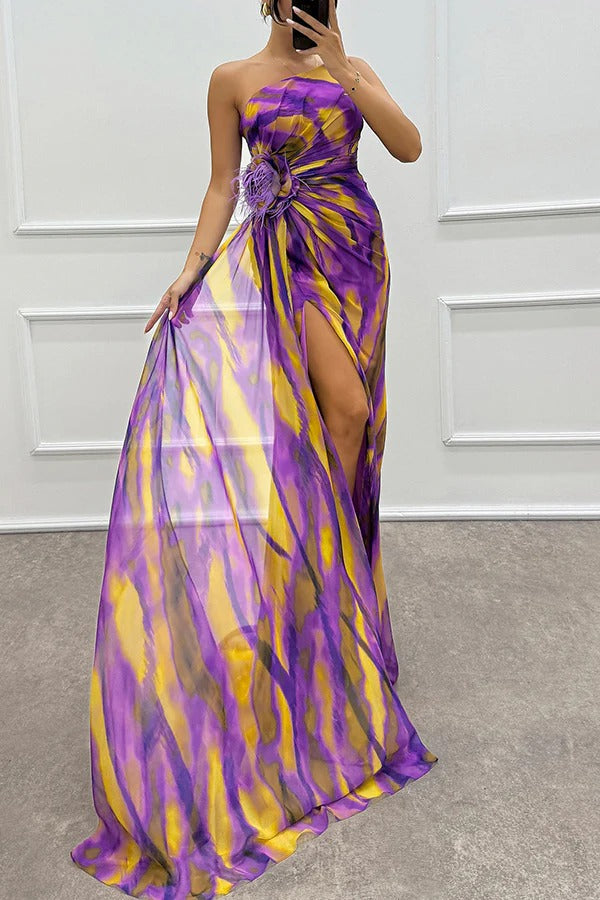 MW | Erstaunliche Ansichten Aquarell drucken Feder Rose Detail schulterfrei plissiert Schlitz Maxikleid