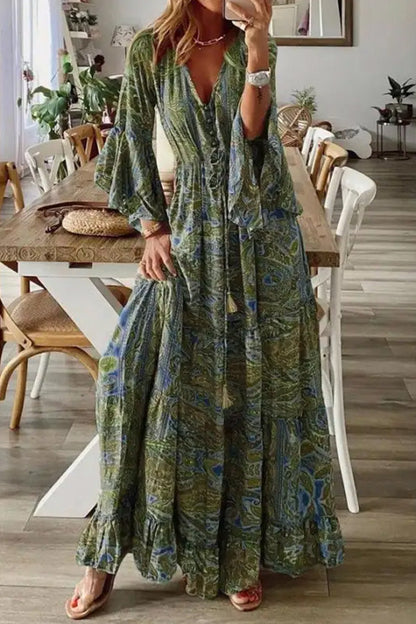 MW | V-Ausschnitt Lose Peris Print Urlaub Langarm Maxikleid