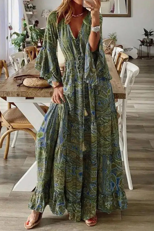 MW | V-Ausschnitt Lose Peris Print Urlaub Langarm Maxikleid