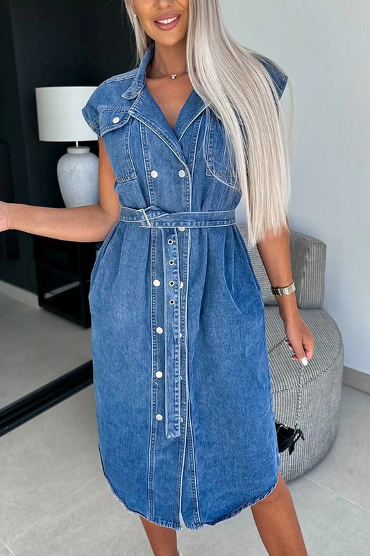 MW | Solide Farbe Lässig Revers Ärmellos Knopf Tasche Taille Krawatte Denim Midi Kleid