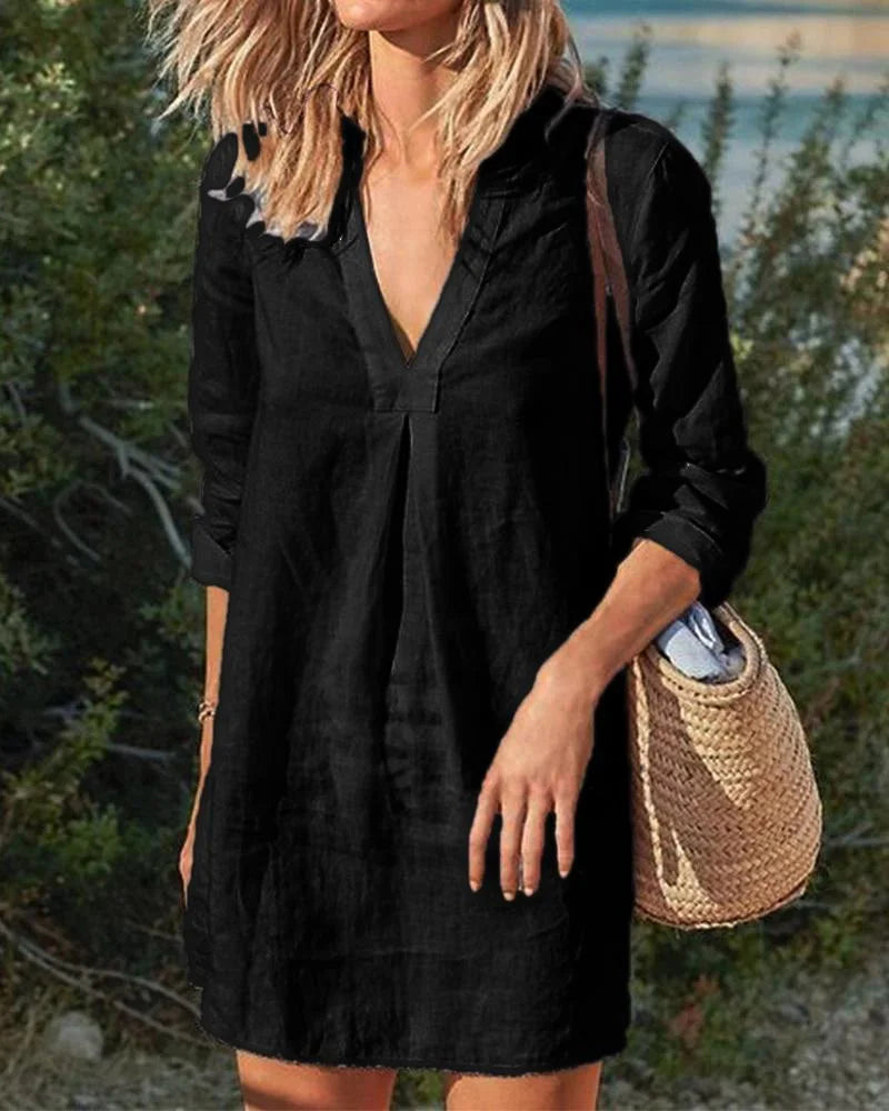 MW | Button Down Knielang Midi-Kleid V-Ausschnitt Split Casual Langarm Kleid