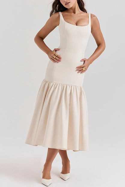 MW | Anmutige Silhouette Quadratischer Ausschnitt Breiter Riemen Tropfen Taille Midi Kleid