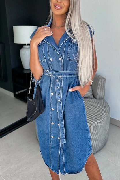 MW | Solide Farbe Lässig Revers Ärmellos Knopf Tasche Taille Krawatte Denim Midi Kleid