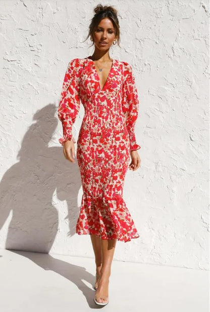 MW | Damen Midikleid - Tiefer V-Ausschnitt - Ballonärmel - gerüschter Saum - taillierte Silhouette