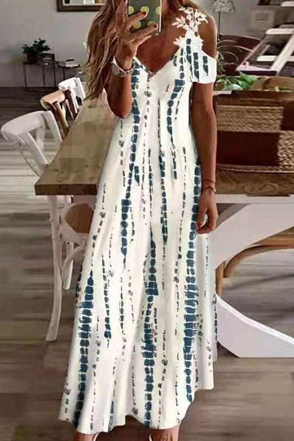 MW | Viana Kontrastfarbene Spitze Bedrucktes Maxikleid mit geraden Ärmeln