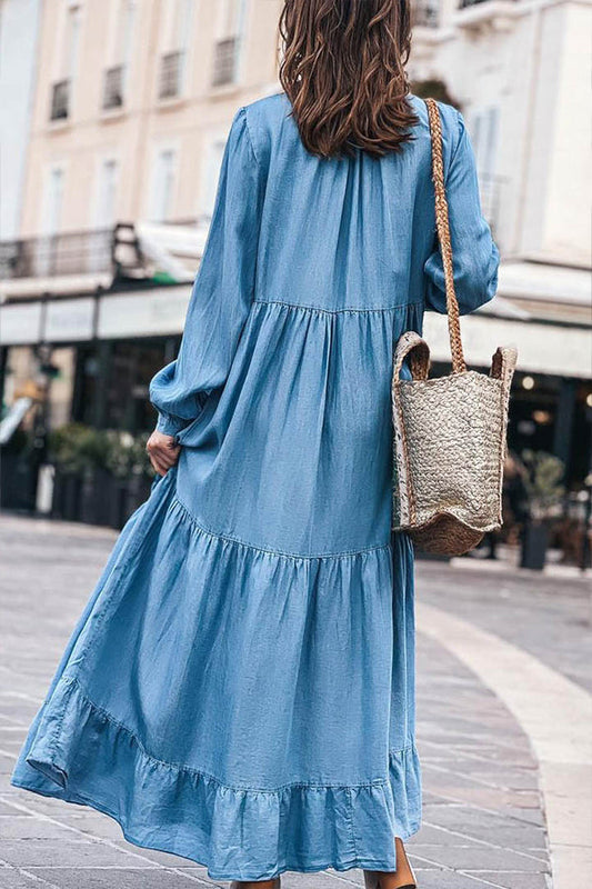MW | Denim Langärmeliges Maxikleid mit V-Ausschnitt und Rüschen