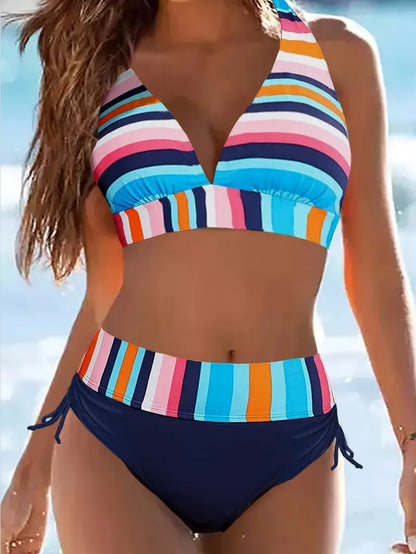 MW | Bunter Streifendruck Halter Bikini mit Kordelzug