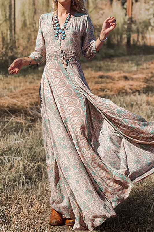 MW | Schönes bedrucktes Langarm-Maxikleid mit V-Ausschnitt