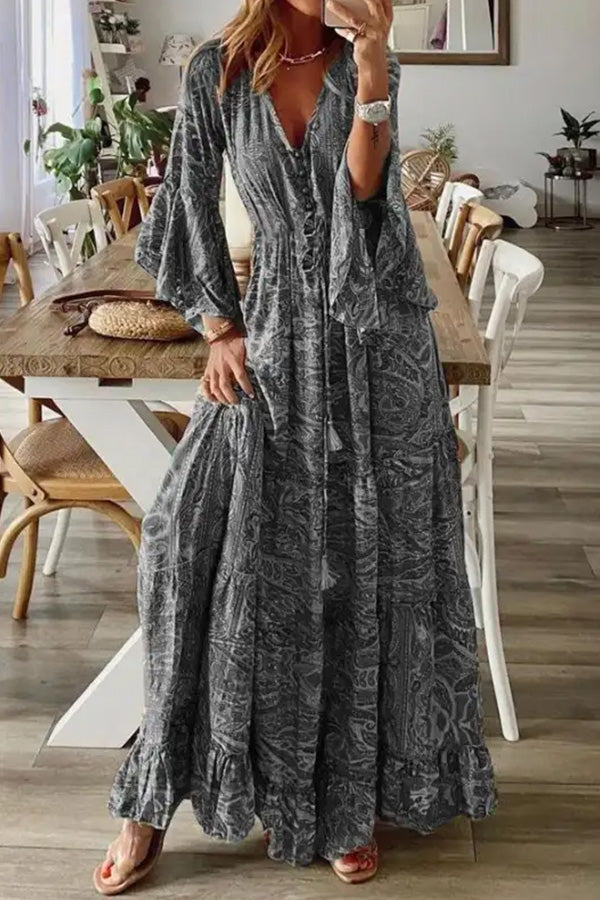 MW | V-Ausschnitt Lose Peris Print Urlaub Langarm Maxikleid