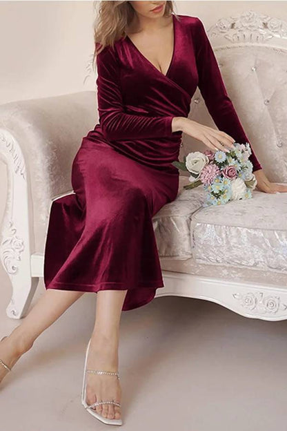 MW | Solide Samt Langarm V-Ausschnitt Slim Fit Fischschwanz Maxi Kleid