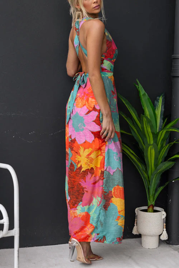 MW | V-Ausschnitt Ärmellos Krawatte Zurück Schlitz Floral Print Maxi Kleid