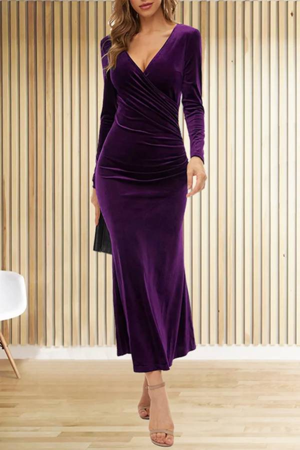 MW | Solide Samt Langarm V-Ausschnitt Slim Fit Fischschwanz Maxi Kleid