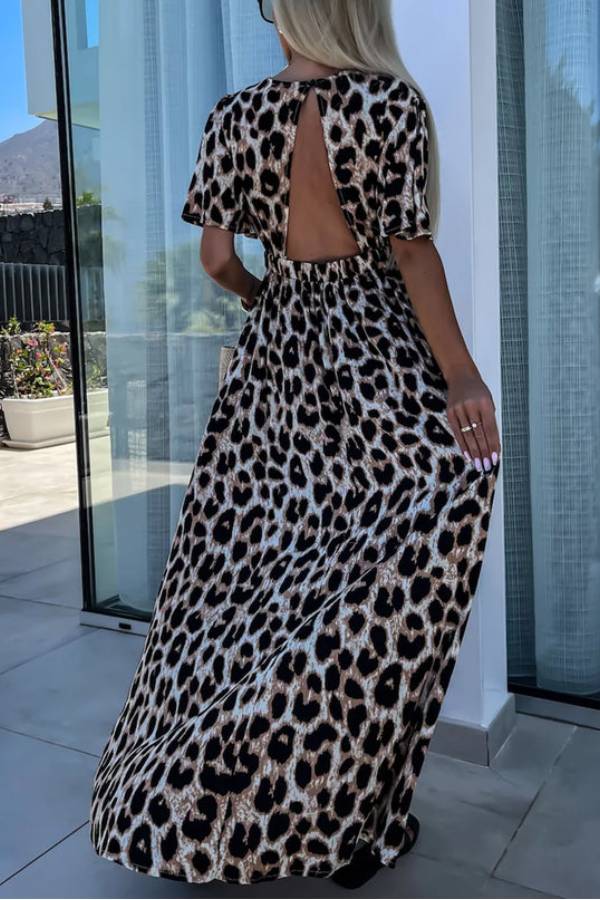 MW | Khaki Leopard V-Ausschnitt Cinched High Waist Open Back Maxikleid
