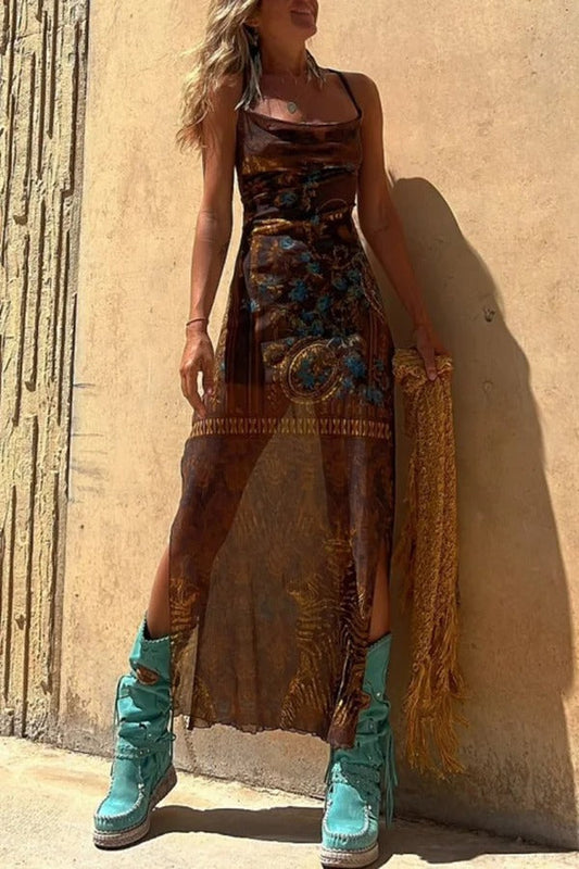 MW | Gypsy Style Einzigartiger Druck Cowl Neck Rücken Schnürung Schlitz Midi Kleid