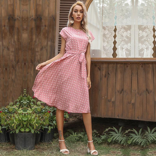 MW | Sommer Frauen Polka Dot Kurzarm Kleid Casual Bandage Party Plissee Midi Kleider Elegant Grün Büro Dame Kleidung