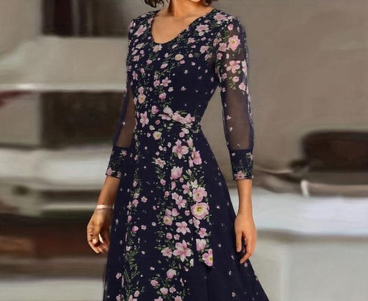 MW | Cooles 3/4-Ärmel-Maxikleid mit V-Ausschnitt