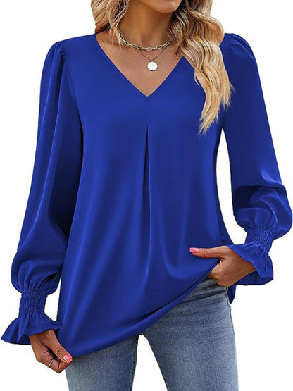 MW | Elegante Langarm V-Ausschnitt plissierte Chiffonbluse