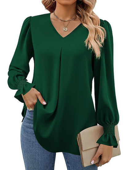 MW | Elegante Langarm V-Ausschnitt plissierte Chiffonbluse