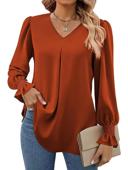 MW | Elegante Langarm V-Ausschnitt plissierte Chiffonbluse