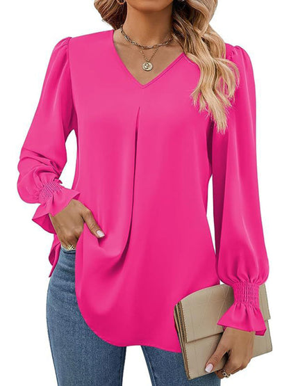 MW | Elegante Langarm V-Ausschnitt plissierte Chiffonbluse