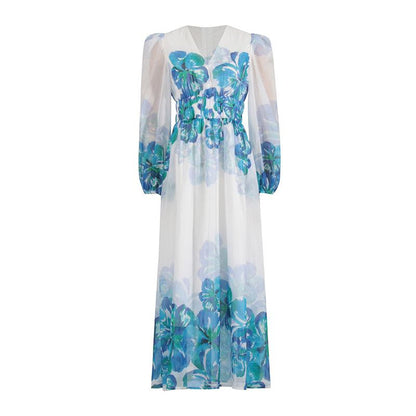 MW | Damen Midikleid - V-Ausschnitt - Gesmokte Taille - Lange Ärmel - Leichte, elegante Passform
