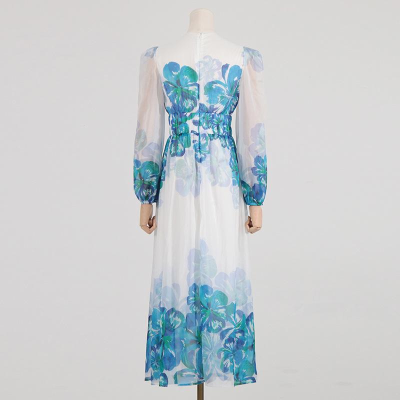 MW | Damen Midikleid - V-Ausschnitt - Gesmokte Taille - Lange Ärmel - Leichte, elegante Passform
