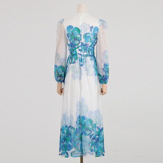 MW | Damen Midikleid - V-Ausschnitt - Gesmokte Taille - Lange Ärmel - Leichte, elegante Passform
