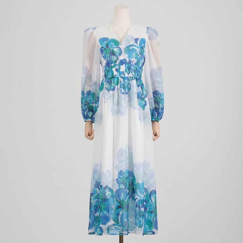MW | Damen Midikleid - V-Ausschnitt - Gesmokte Taille - Lange Ärmel - Leichte, elegante Passform