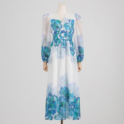 MW | Damen Midikleid - V-Ausschnitt - Gesmokte Taille - Lange Ärmel - Leichte, elegante Passform
