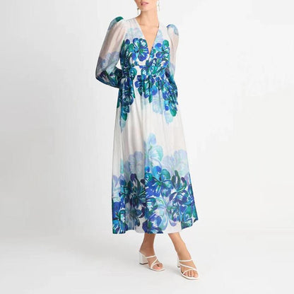 MW | Damen Midikleid - V-Ausschnitt - Gesmokte Taille - Lange Ärmel - Leichte, elegante Passform