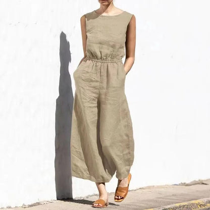 MW | Lässiger Rundhals-Baumwoll-Leinen-Jumpsuit