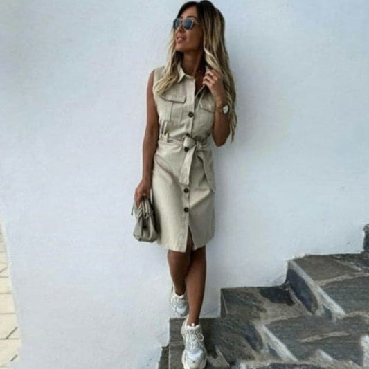 MW | Frauen Vintage Front Knopf Schärpen Mantel Partykleid ärmellos Turn Down Kragen lässig Minikleid Sommer Mode neues Kleid