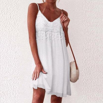 MW | V-Ausschnitt, offener Träger, weiße Spitze, ärmellos, locker, elegant, Minikleid