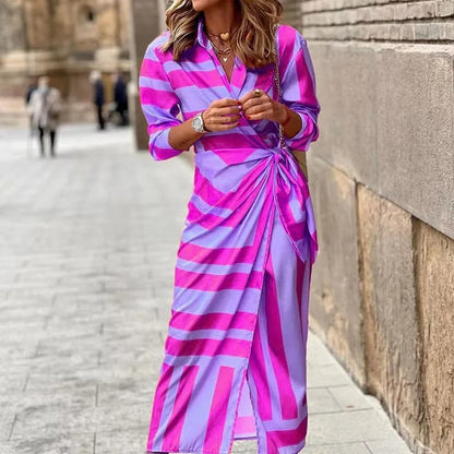 MW | Fashion V-Ausschnitt Gestreiftes Midikleid mit Schnürung