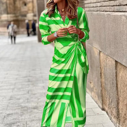 MW | Fashion V-Ausschnitt Gestreiftes Midikleid mit Schnürung