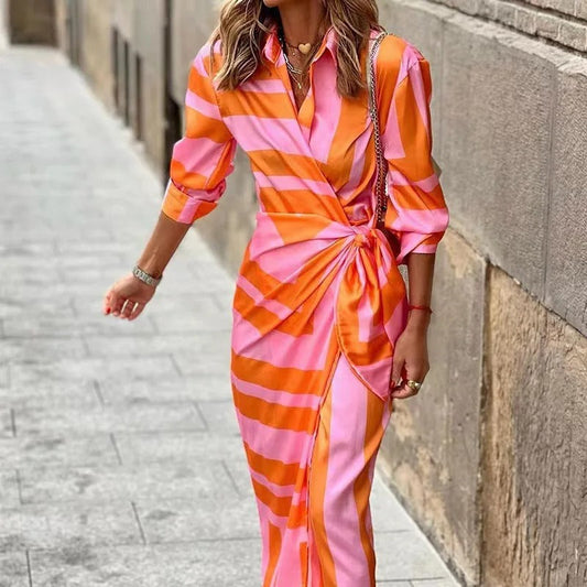 MW | Fashion V-Ausschnitt Gestreiftes Midikleid mit Schnürung