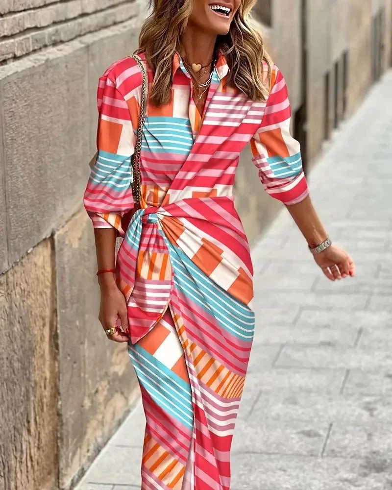 MW | Fashion V-Ausschnitt Gestreiftes Midikleid mit Schnürung